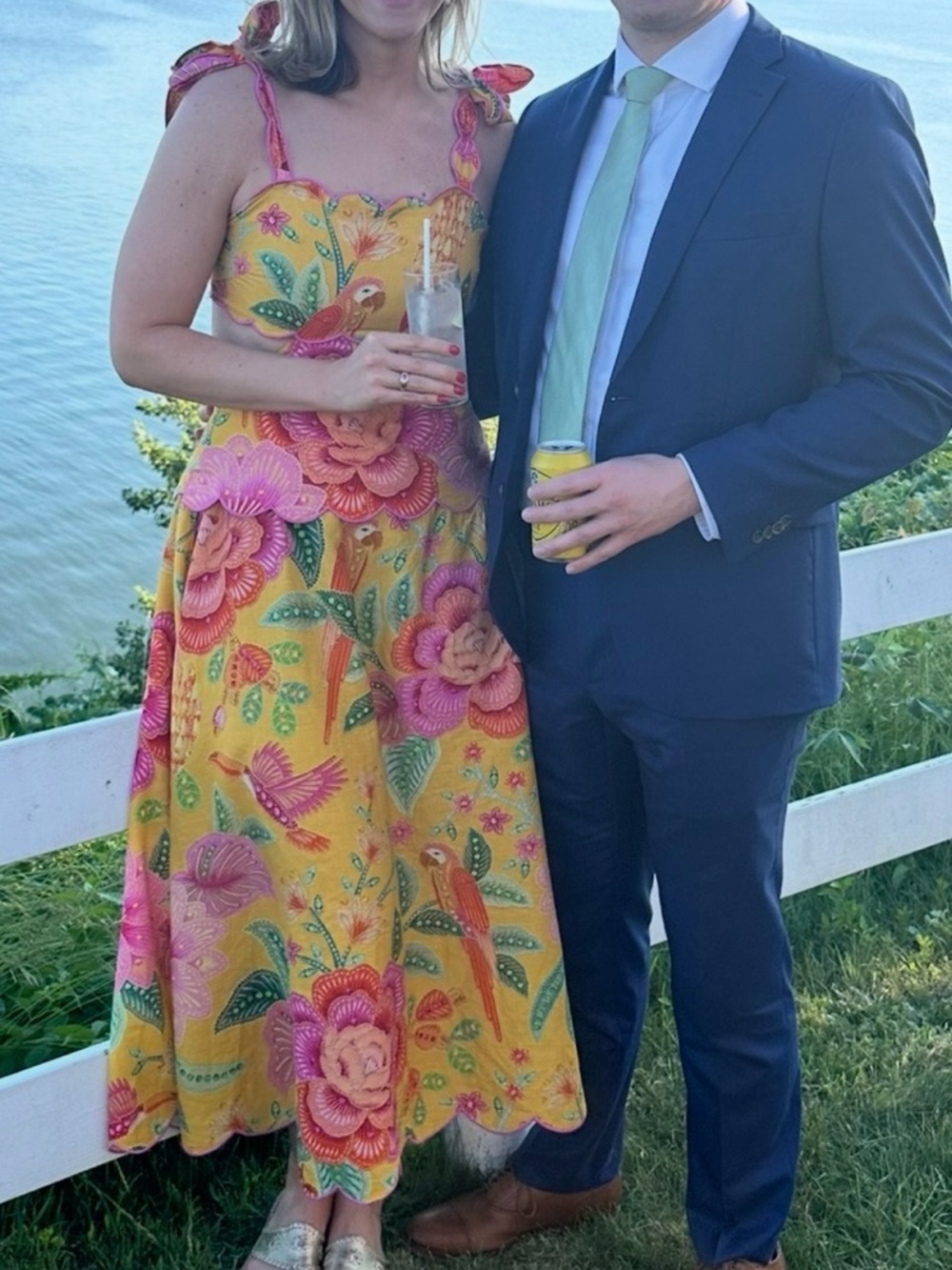 FARM Rio Yellow Floral Midi Dress with Pink & Orange Blooms - Picture 2 of 2
